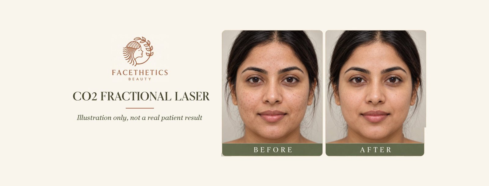 Illustration of CO2 fractional laser before and after skin texture, not a real patient